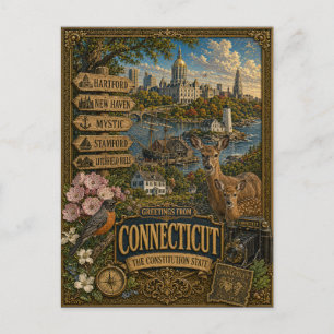 Cartão Postal Saudações de Connecticut   Arte Retro Vintage