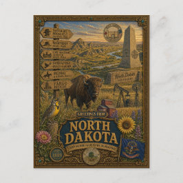 Cartão Postal Saudações de Dakota do Norte | Arte Retro Vintage