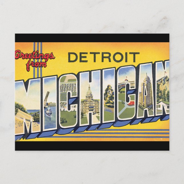 Cartão Postal Saudações de Detroit Michigan_Viagens vintage (Frente)