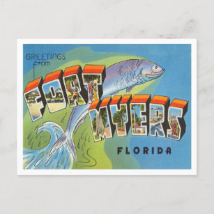 Cartão Postal Saudações de Fort Myers, Viagens vintage da Flórid