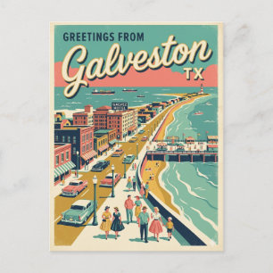 Cartão Postal Saudações de Galveston TX Vista Aérea Retro