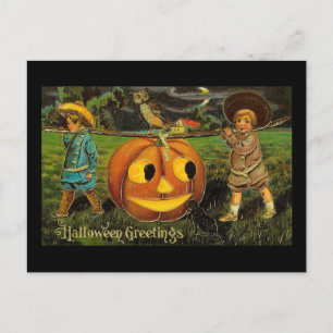 Cartão Postal Saudações de Halloween Boys Jack O Lantern Vintage
