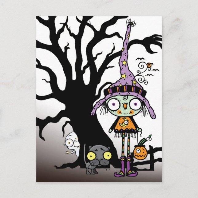 Cartão Postal Saudações de Halloween da Bruxa em Roxo (Frente)