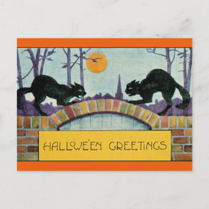 Cartão Postal Saudações de Halloween, Dois Gatos Pretos,