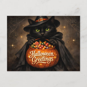 Cartão Postal Saudações de Halloween Gato Preto com Doce