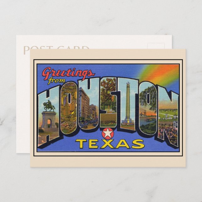 Cartão Postal Saudações de Houston, Texas 1936 - Letra Grande (Frente/Verso)