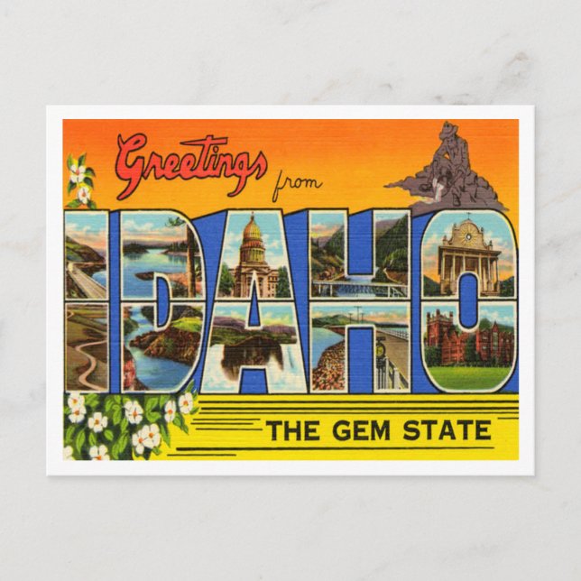 Cartão Postal Saudações de Idaho, Viagem do Estado Gem (Frente)