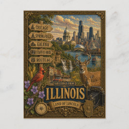 Cartão Postal Saudações de Illinois | Arte Retro Vintage