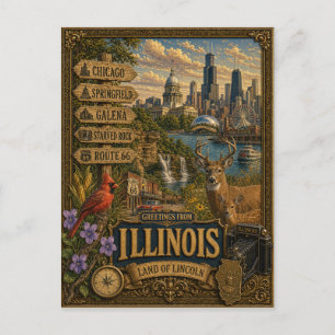 Cartão Postal Saudações de Illinois Arte Retro Vintage