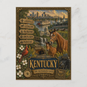 Cartão Postal Saudações de Kentucky Arte Retro Vintage