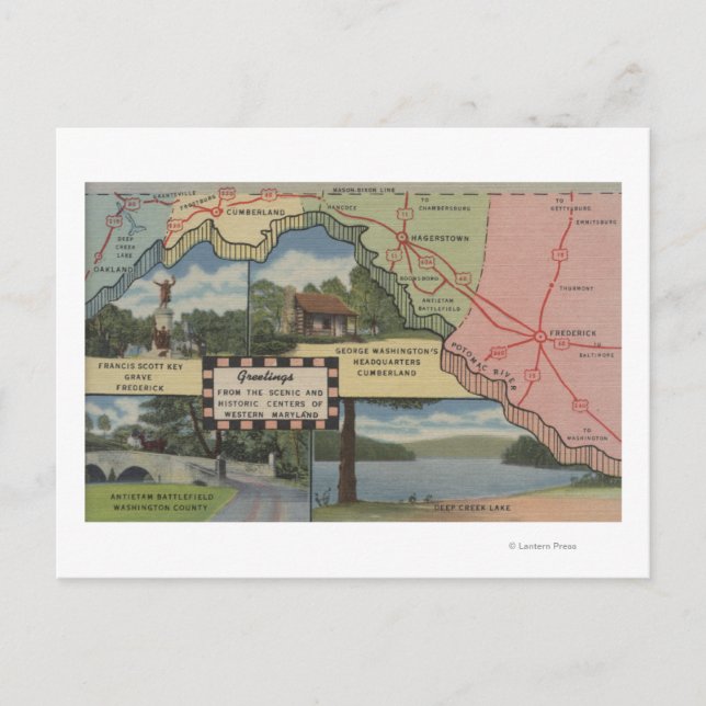 Cartão Postal Saudações De Maryland Ocidental (Mapa Detalhado) (Frente)