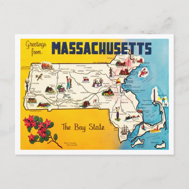 Cartão Postal Saudações de Massachusetts, The Bay State Viagem (Frente)