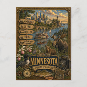 Cartão Postal Saudações de Minnesota Arte Retro Vintage