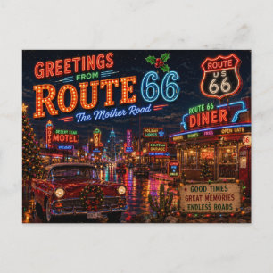 Cartão Postal Saudações de Natal da Rota 66 Neon Retro
