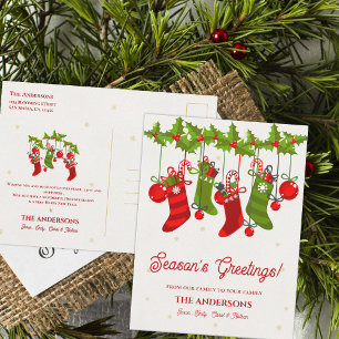 Cartão Postal Saudações de Natal da temporada Família Stockings