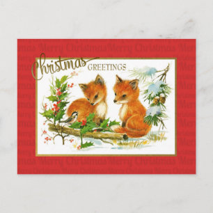 Cartão Postal Saudações de Natal Raposas Reprodução Vintage