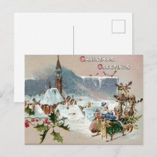 Cartão Postal Saudações de NATAL Vintage com Papai Noel no trenó