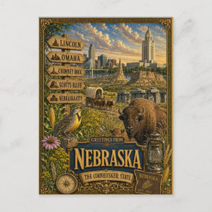 Cartão Postal Saudações de Nebraska Arte Retro Vintage