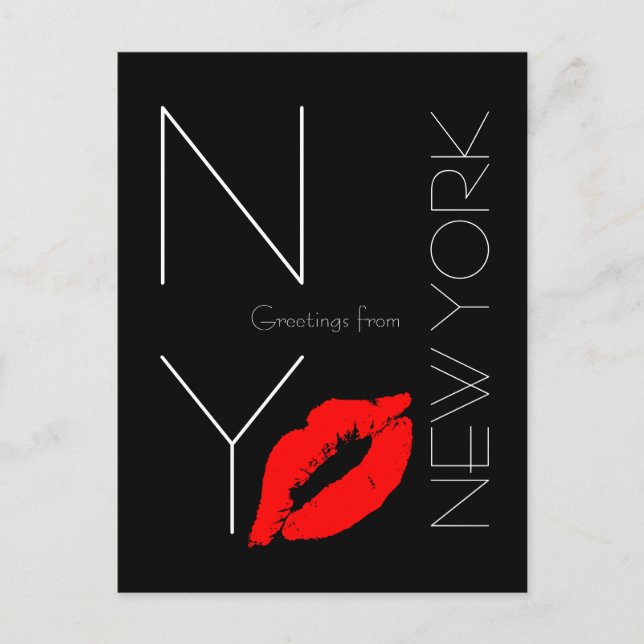 Cartão Postal Saudações de New York Red Lipstick Kiss Black (Frente)