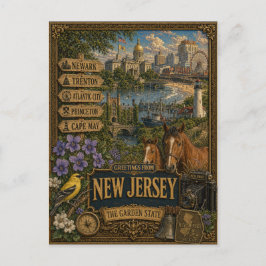Cartão Postal Saudações de Nova Jersey | Arte Retro Vintage