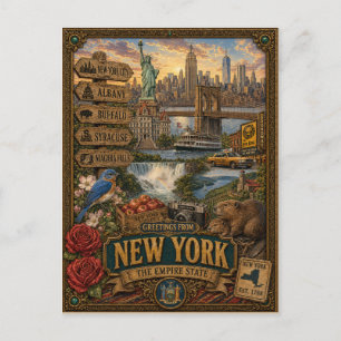 Cartão Postal Saudações de Nova York Arte Retro Antiga
