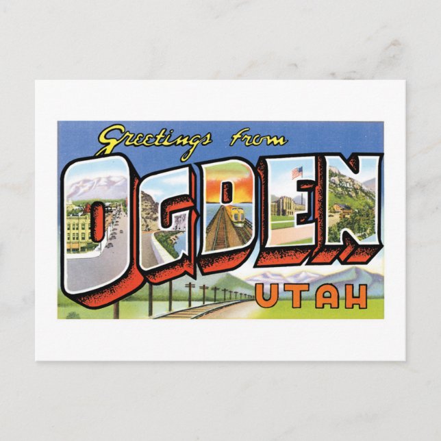 Cartão Postal Saudações de Ogden, Utah! Placa de Posto Retroativ (Frente)
