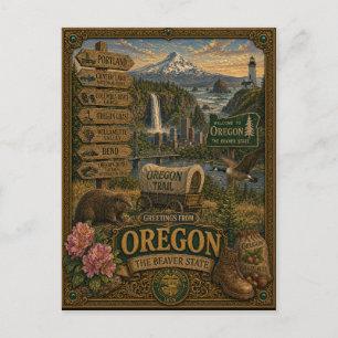 Cartão Postal Saudações de Oregon Arte Retro Vintage