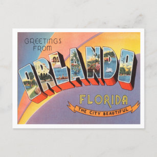 Cartão Postal Saudações de Orlando, Viagens vintage da Flórida