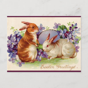 Cartão Postal Saudações de Páscoa Coelhos Vintage e Lilases