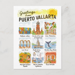 Cartão Postal Saudações de Puerto Vallarta Viagem em Aquarela