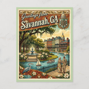Cartão Postal Saudações de Savannah GA Estilo Vintage 1970s