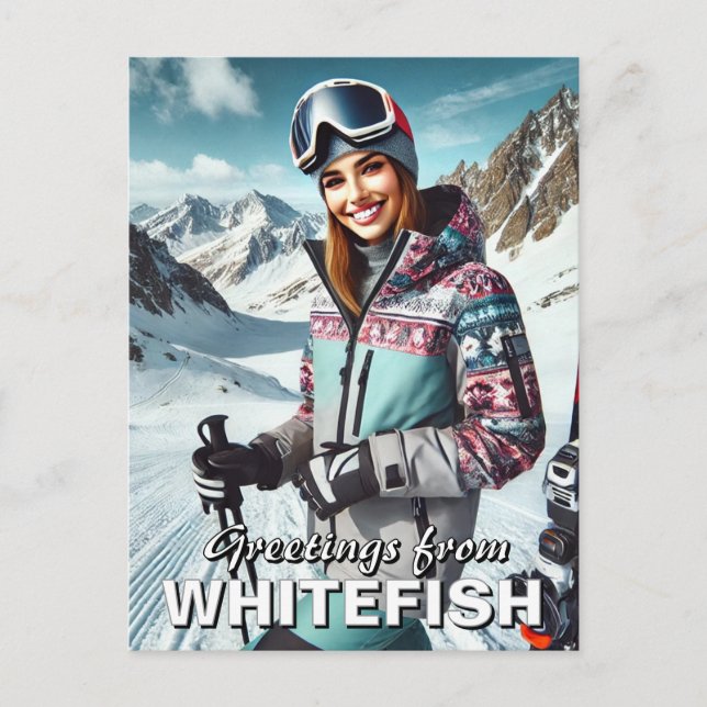 Cartão Postal Saudações de Whitefish Montana Skier Viagem (Frente)