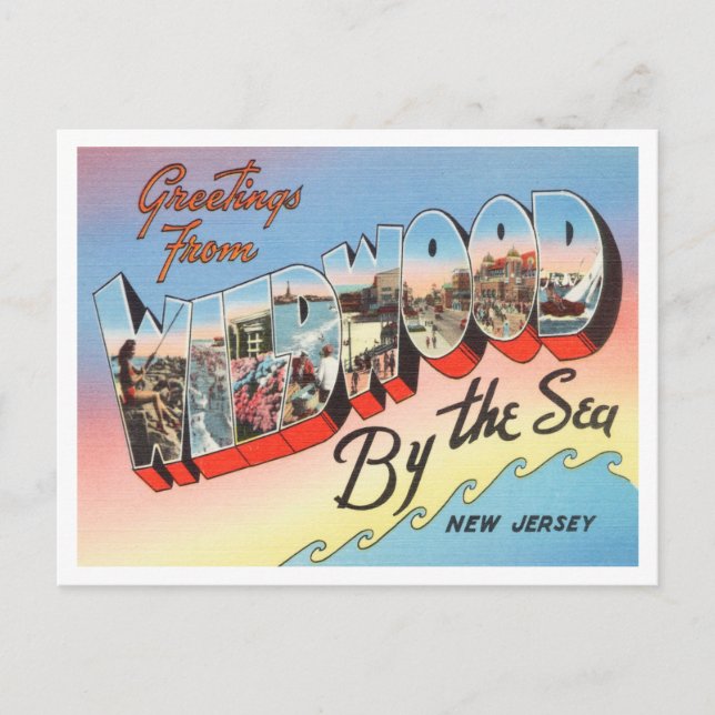 Cartão Postal Saudações de Wildwood pelo Mar, Nova Jersey (Frente)