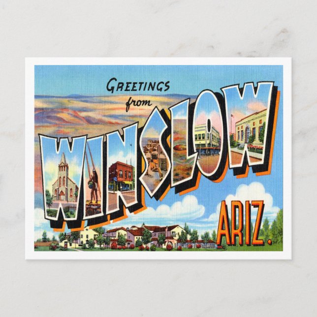 Cartão Postal Saudações de Winslow, Viagens vintage Arizona (Frente)