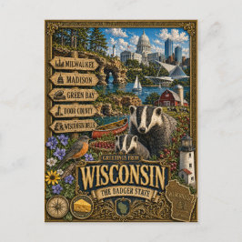 Cartão Postal Saudações de Wisconsin | Arte Retro Vintage