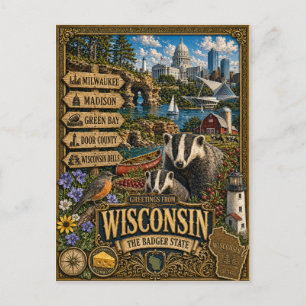 Cartão Postal Saudações de Wisconsin Arte Retro Vintage
