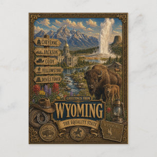 Cartão Postal Saudações de Wyoming   Arte Retro Vintage