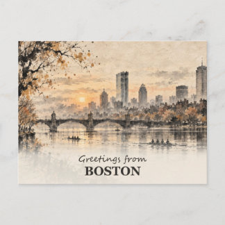 Cartão Postal Saudações do Boston Ink Wash Postcard