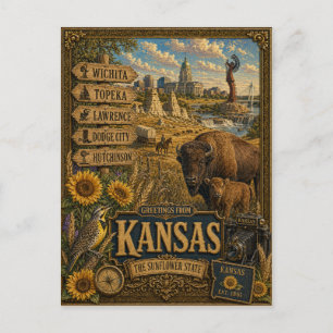 Cartão Postal Saudações do Kansas Arte Retro Vintage