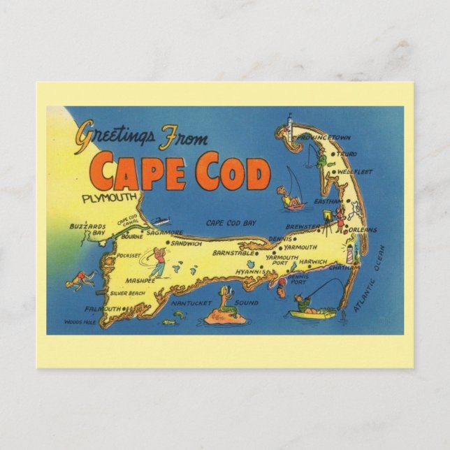 Cartão Postal Saudações do Mapa de Cape Cod (Frente)