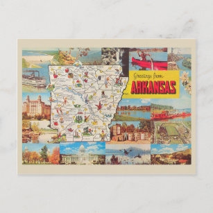 Cartão Postal Saudações do Mapa de Vintage e Fotos do Arkansas