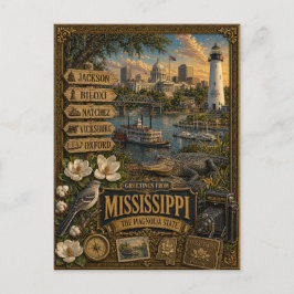 Cartão Postal Saudações do Mississippi | Arte Retro Vintage