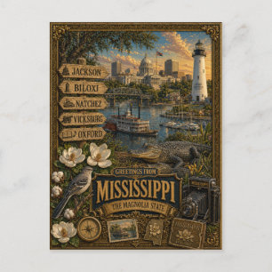 Cartão Postal Saudações do Mississippi Arte Retro Vintage