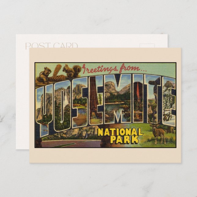 Cartão Postal Saudações do Yosemite Letra Maiúscula Vintage (Frente/Verso)