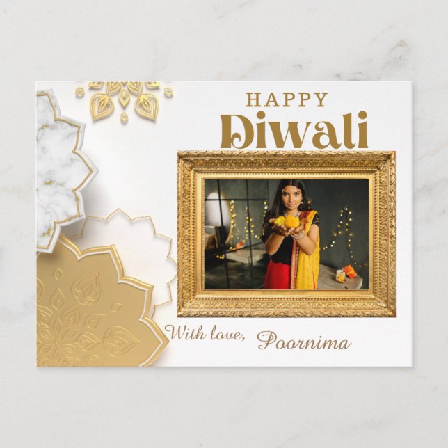 Cartão Postal Saudações elegantes de Diwali, branco e ouro (Frente)