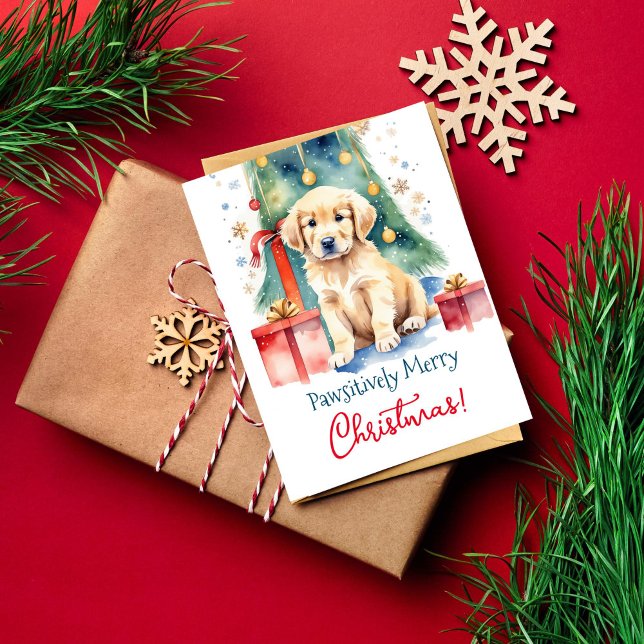 Cartão Postal Saudações Feliz de Natal para pessoas de cão (Golden retriever puppy Christmas greetings postcard pawsitively merry Christmas watercolor dog lover)