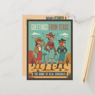 Cartão Postal Saudações Retro das Vaqueiras do Texas Viagens
