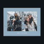 Cartão Postal Saudações Universais personalizadas em azul com 2<br><div class="desc">Cartões de Saudações Universais personalizados em azul claro empoeirado para 2 melhores amigos, casamentos ou fotos de família, com uma colagem de fotos elegante com 2 imagens personalizadas, sua mensagem de saudações em fonte manuscrita elegante, seu nome, data, ano, mensagem no verso em uma fonte sans serif moderna e simples....</div>