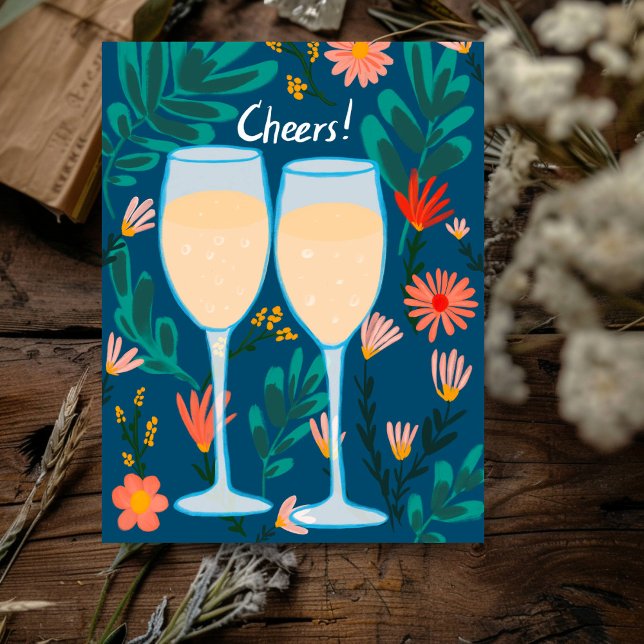 Cartão Postal Saudações! Vinho Espumante Champanhe Flores Parabé (Cheers! Sparkling Wine Champagne Flowers Congrats Engagement wedding Postcard
)