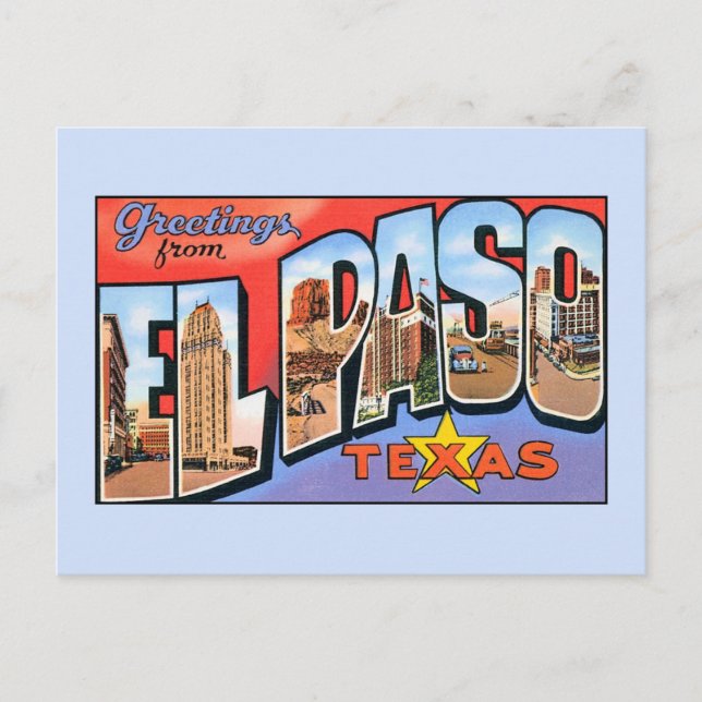 Cartão Postal Saudações Vintage de El Paso Texas (Frente)